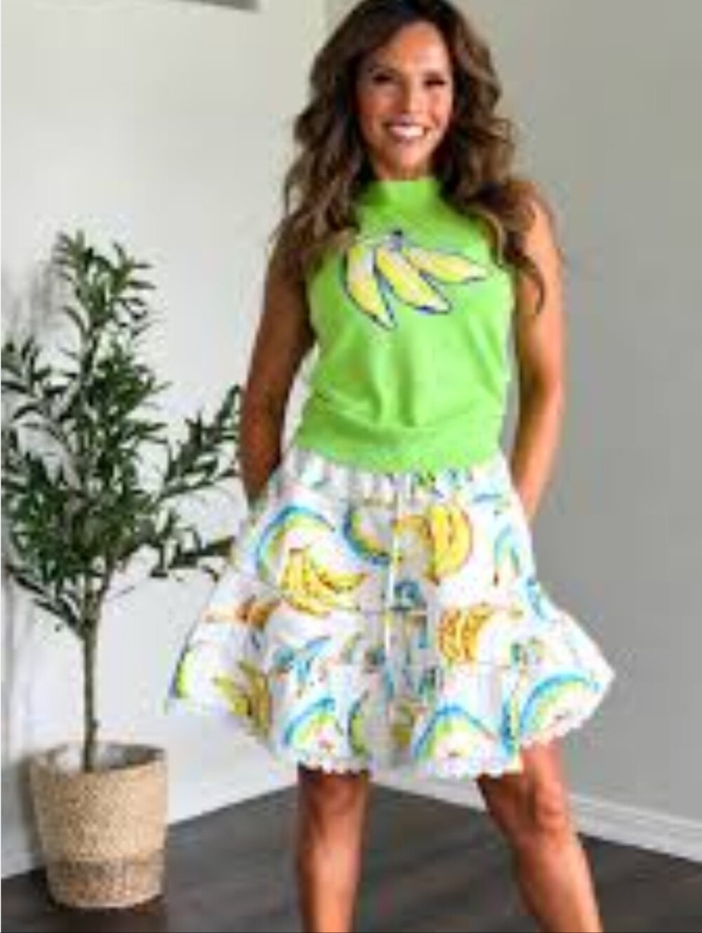 White Banana-Print Circle Skirt in Bright Yellow & Blue 2 Pc Set
